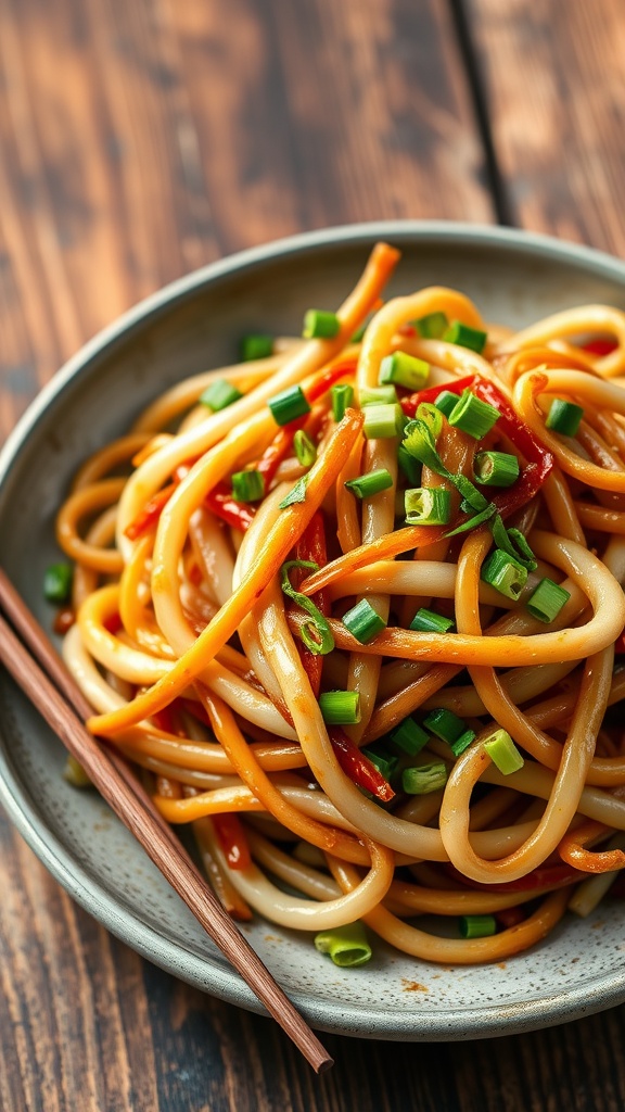Stir-fried bean sprouts with garlic and soy sauce, garnished with green onions on a rustic plate.